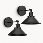 Black cone arm industrial wireless wall sconce in its matte black finish with an adjustable 270-degree swing arm included.