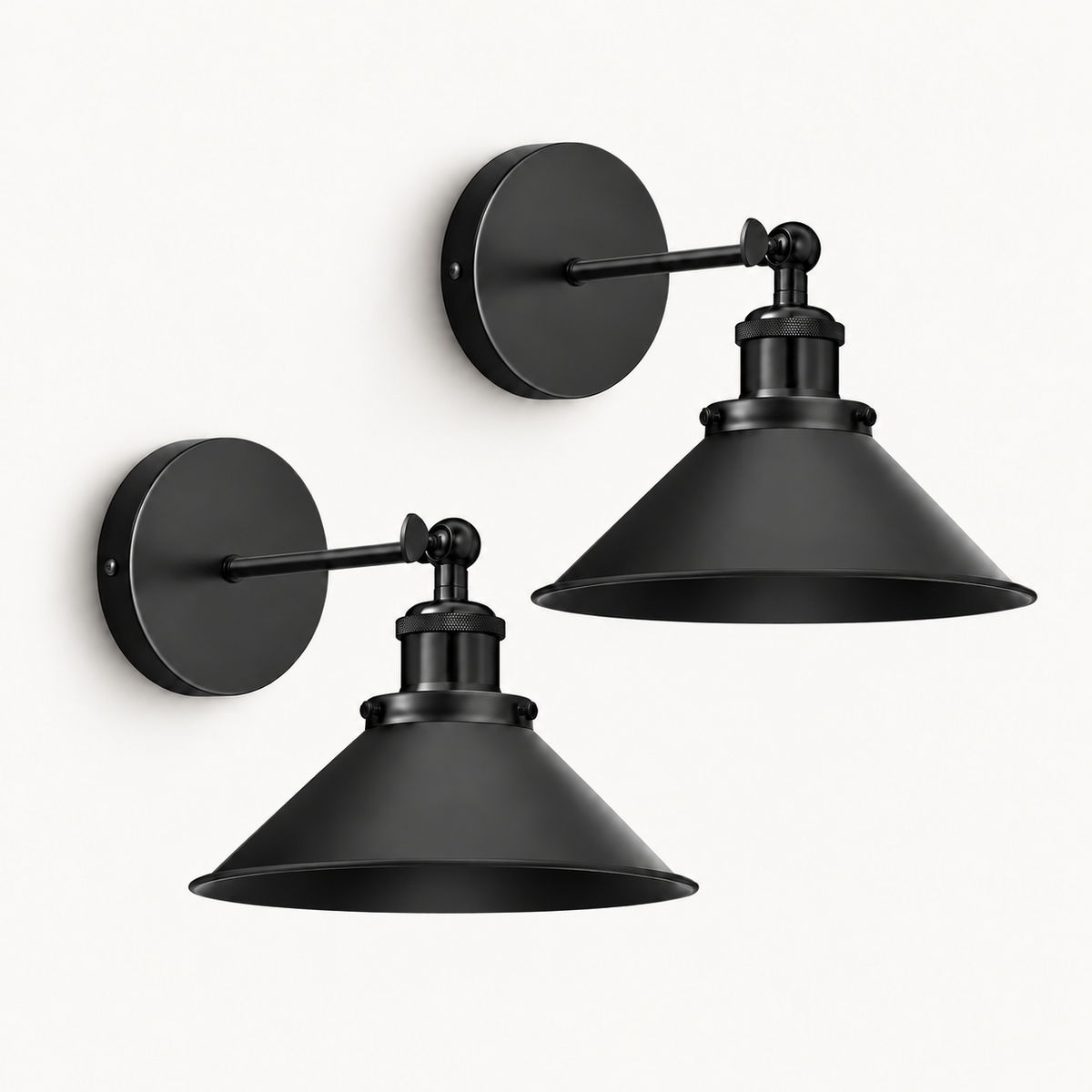 Black cone arm industrial wireless wall sconce in its matte black finish with an adjustable 270-degree swing arm included.