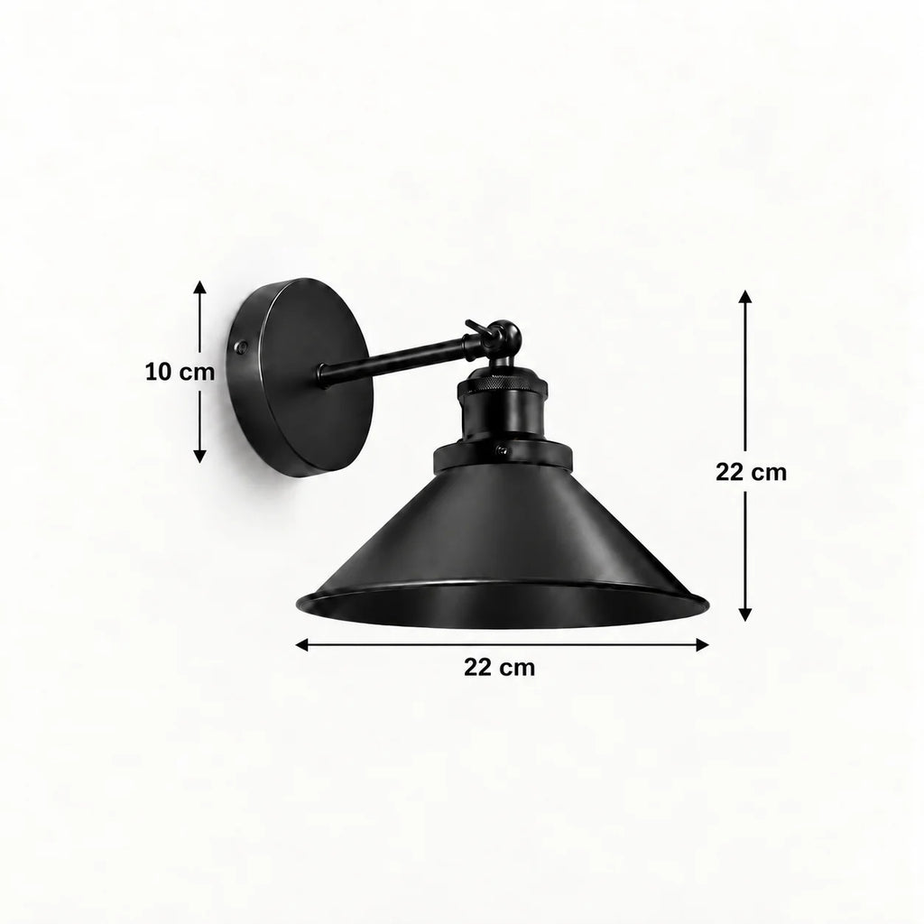 Cone arm industrial wireless wall sconce size diagram showing a 22cm height, 22cm shade width, and 10cm backplate diameter.