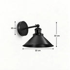 Cone arm industrial wireless wall sconce size diagram showing a 22cm height, 22cm shade width, and 10cm backplate diameter.