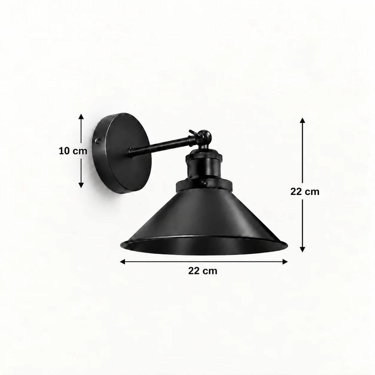 Cone arm industrial wireless wall sconce size diagram showing a 22cm height, 22cm shade width, and 10cm backplate diameter.