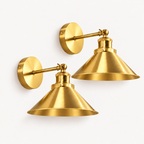 Gold cone arm industrial wireless wall sconce in its matte gold finish with an adjustable 270-degree swing arm included.
