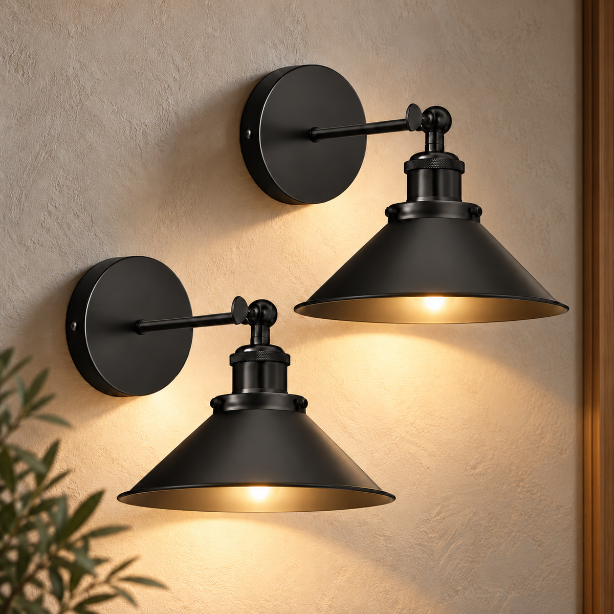 Black cone arm industrial wall sconce mounted with its swing arm extended, directing a warm rechargeable RGB glow downward.