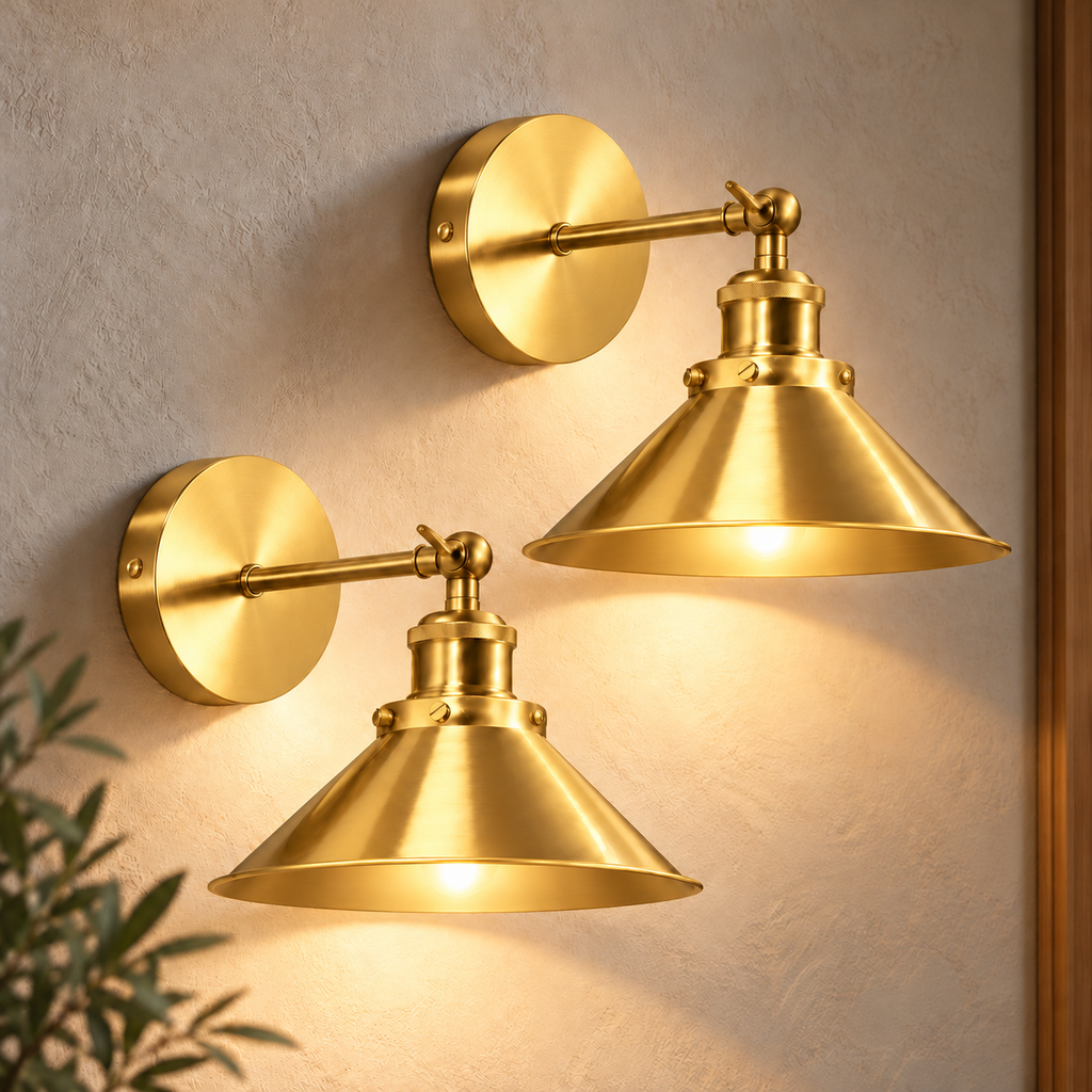 Gold cone arm industrial wall sconce mounted with its swing arm extended, directing a warm rechargeable RGB glow downward.