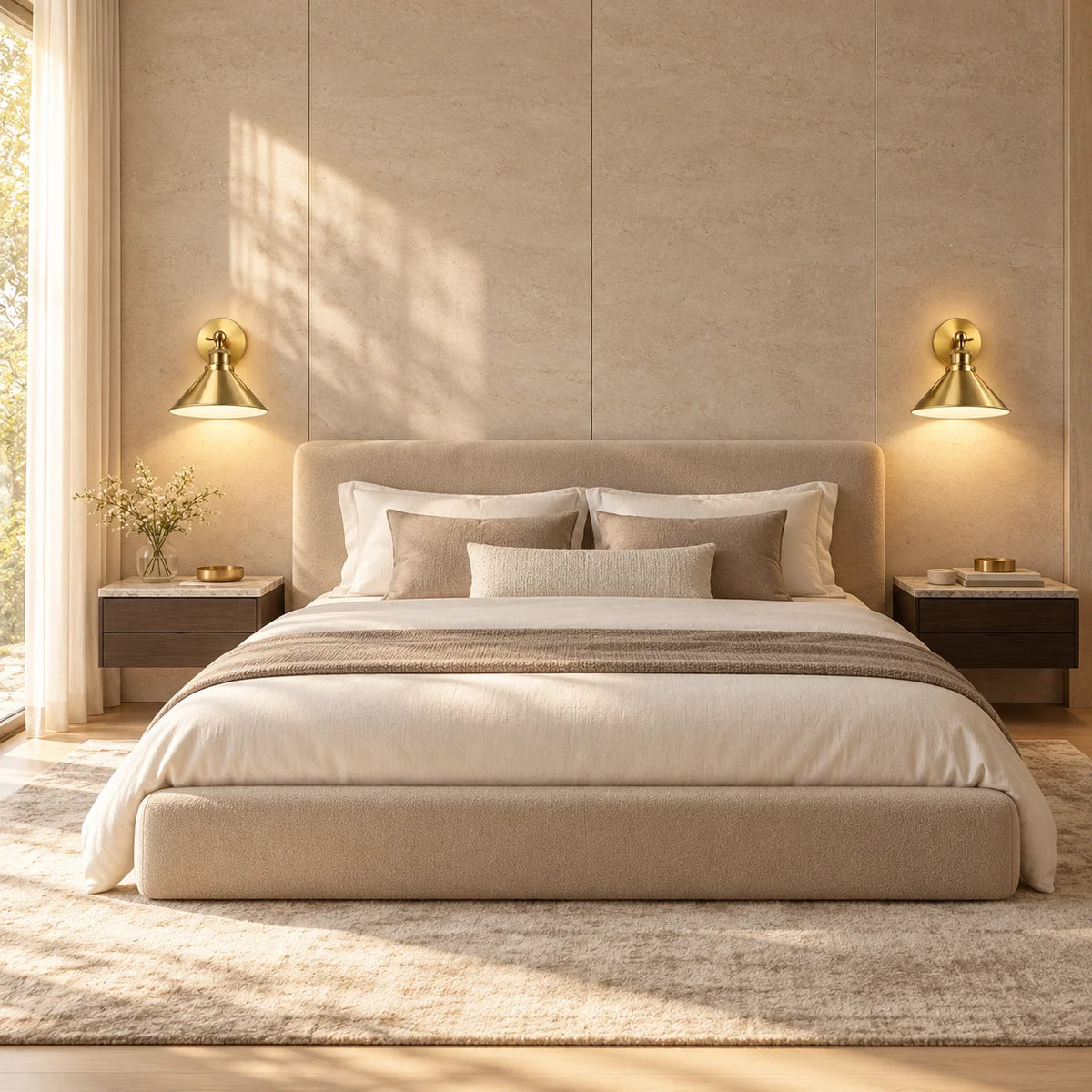 Gold cone arm industrial wall sconce mounted in a bedroom, demonstrating its adjustable swing arm at a relaxed downward angle.