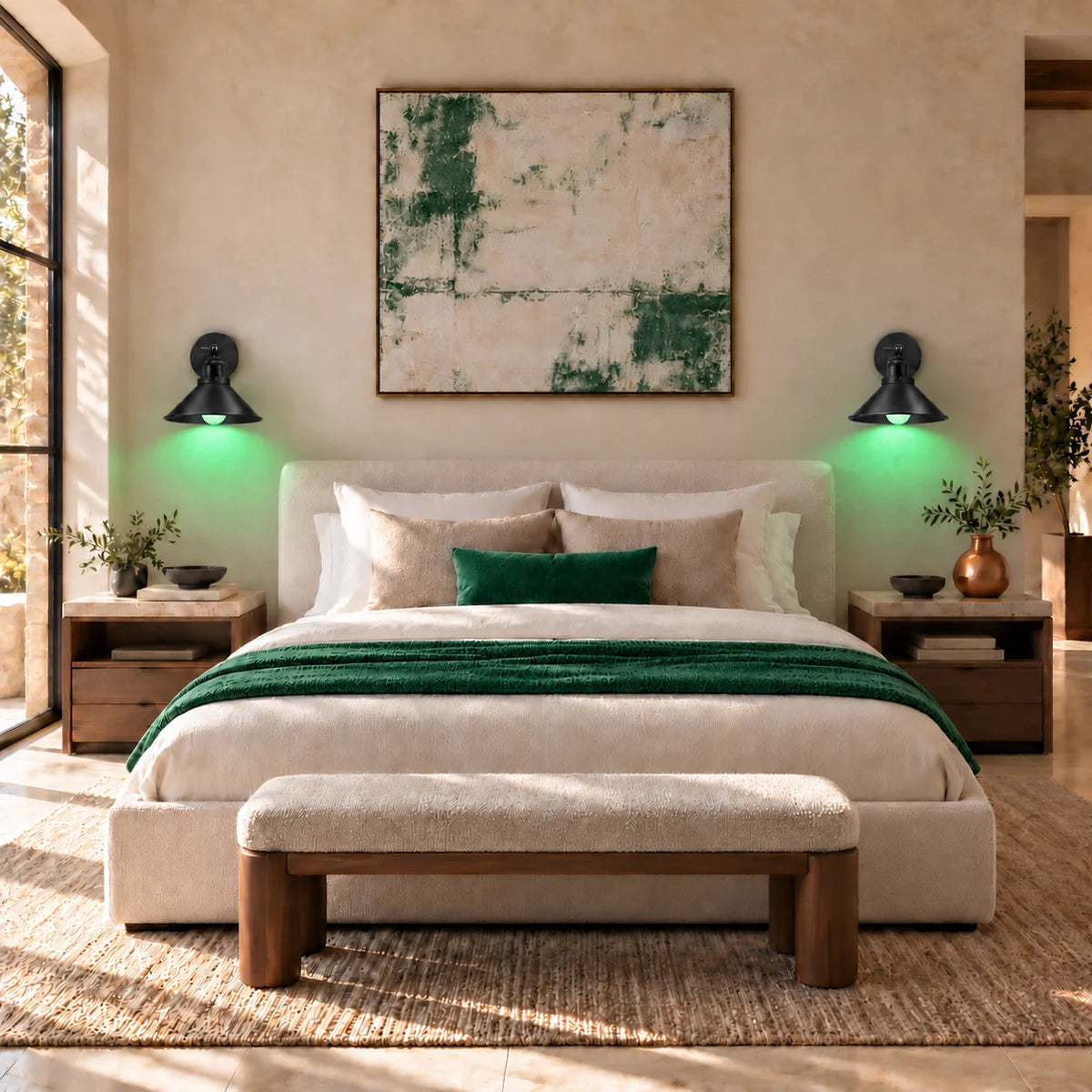 Black cone arm industrial wall sconce glowing in green RGB mode, mounted beside a bed for colourful ambient night lighting.