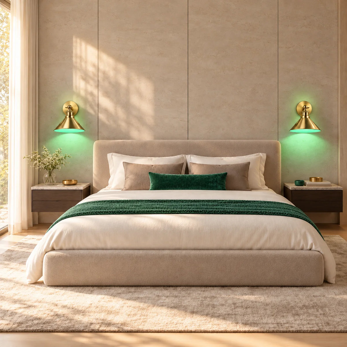 Gold cone arm industrial wall sconce mounted above a nightstand, its swing arm angled to focus light for reading.