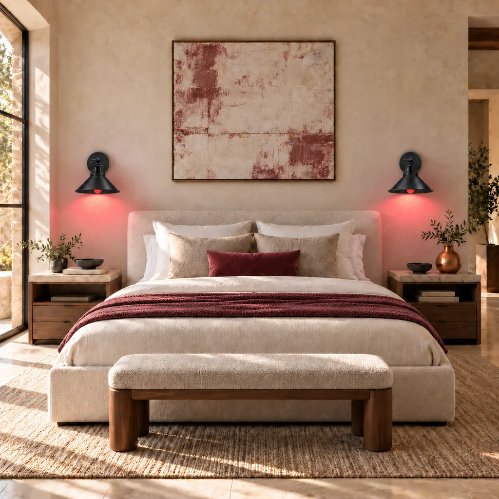 Black cone arm industrial wall sconce mounted bedside, providing focused adjustable light for nighttime reading without a table lamp.