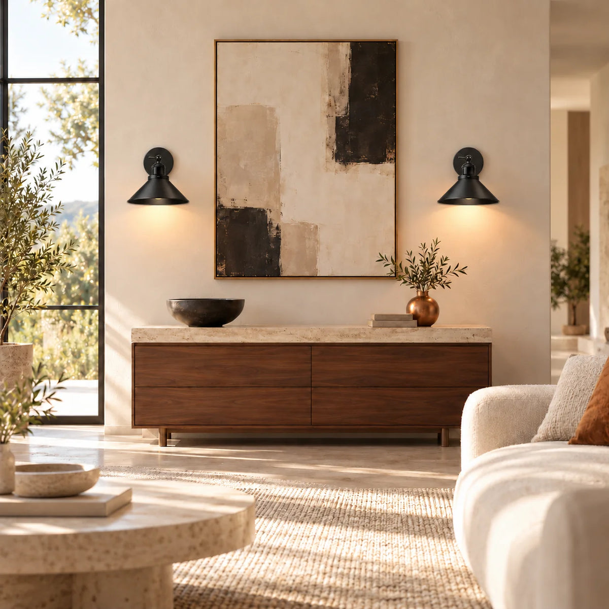 Black cone arm industrial wall sconce mounted on a living room wall, redirecting its swing arm toward a reading chair.