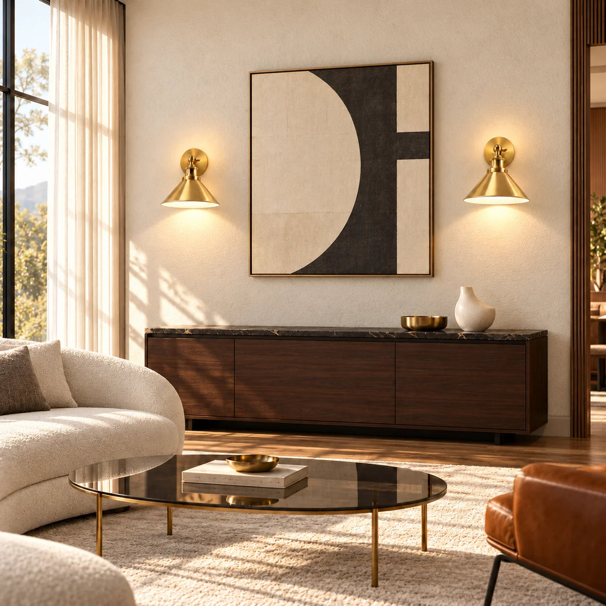 Gold cone arm industrial wall sconce mounted on a living room wall, with its swing arm angled to redirect light.