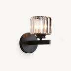 Black crystal cylinder Art Deco wall sconce with matte black arm and faceted crystal cylinder shade product detail view