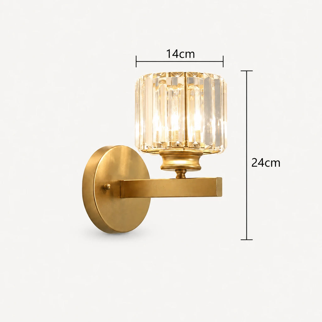 Crystal cylinder Art Deco wall sconce dimension diagram showing height width and projection measurements in gold finish