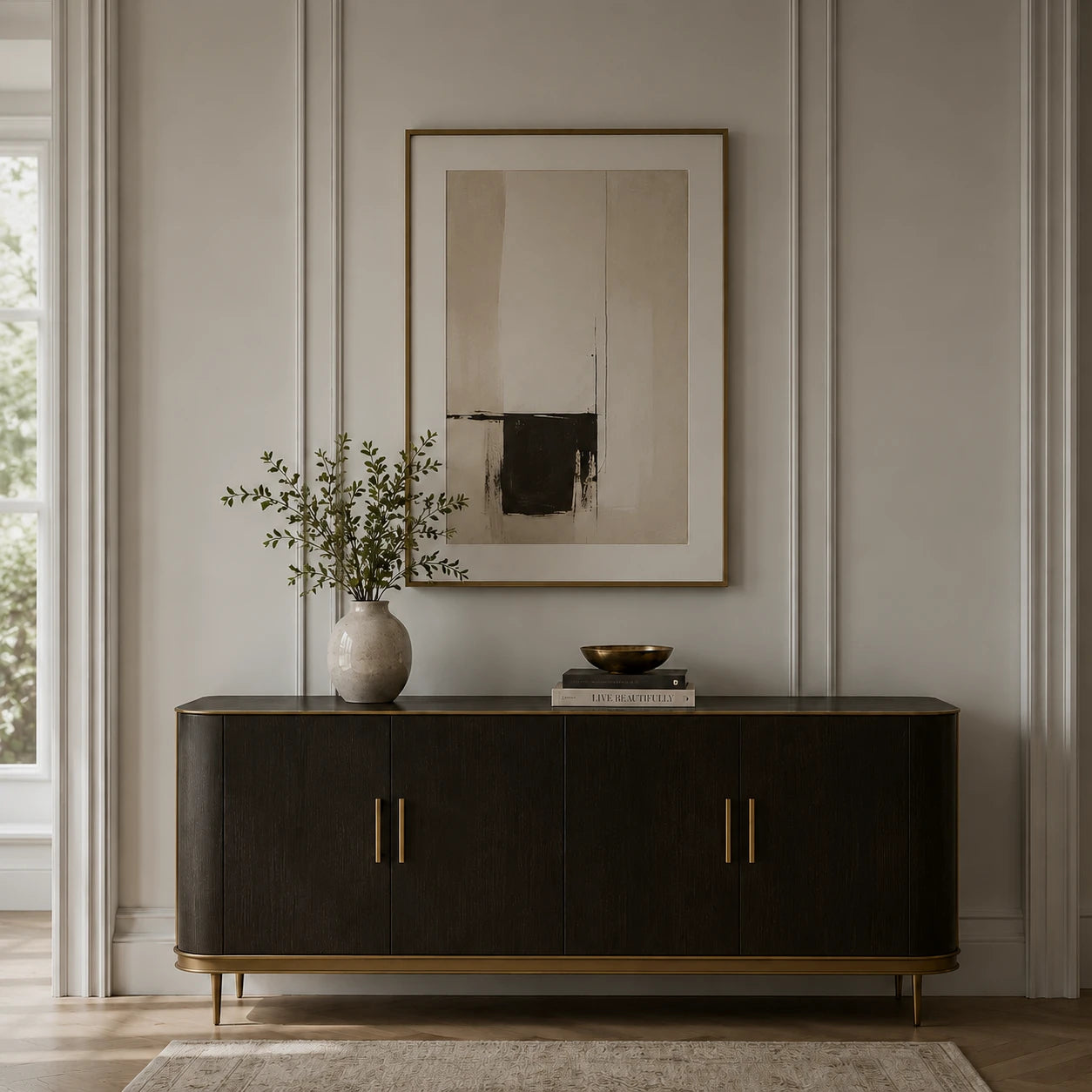 Minimalist hallway with dark charcoal sideboard and brass handles before installing the crystal cylinder Art Deco wall sconce