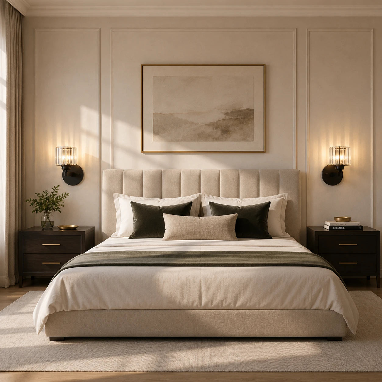 Black crystal cylinder Art Deco wall sconces as bedside reading lights flanking artwork in luxurious neutral bedroom