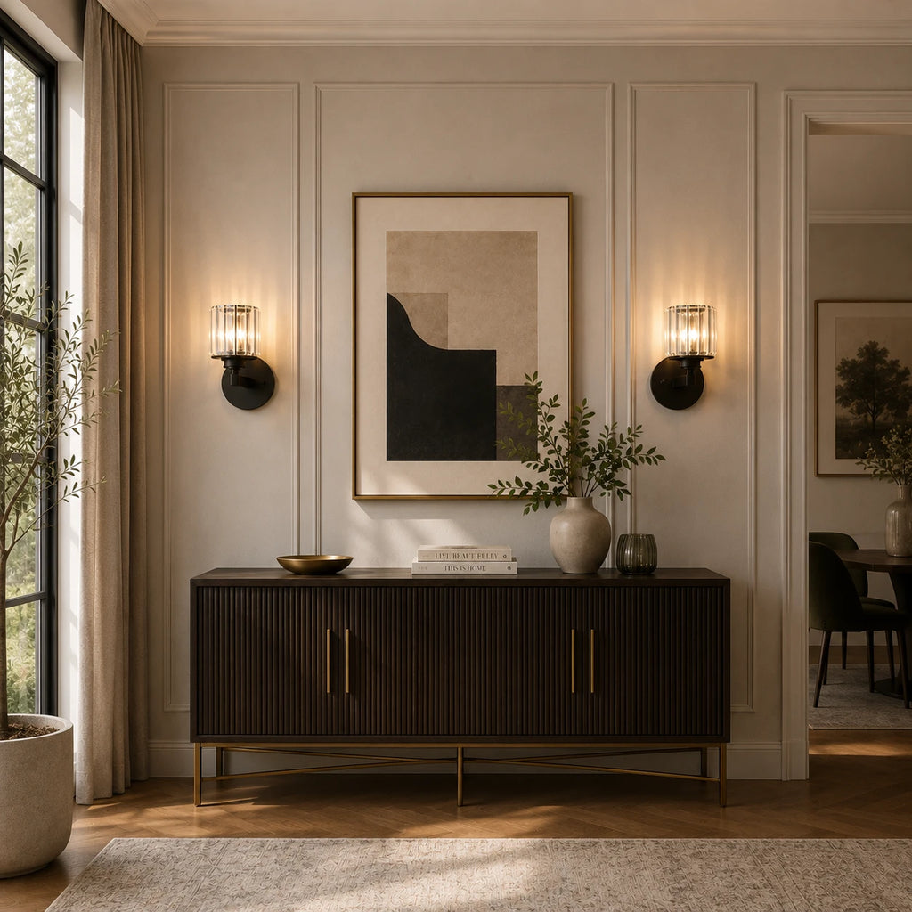 Black crystal cylinder Art Deco wall sconces flanking framed artwork above dark sideboard console in elegant living room