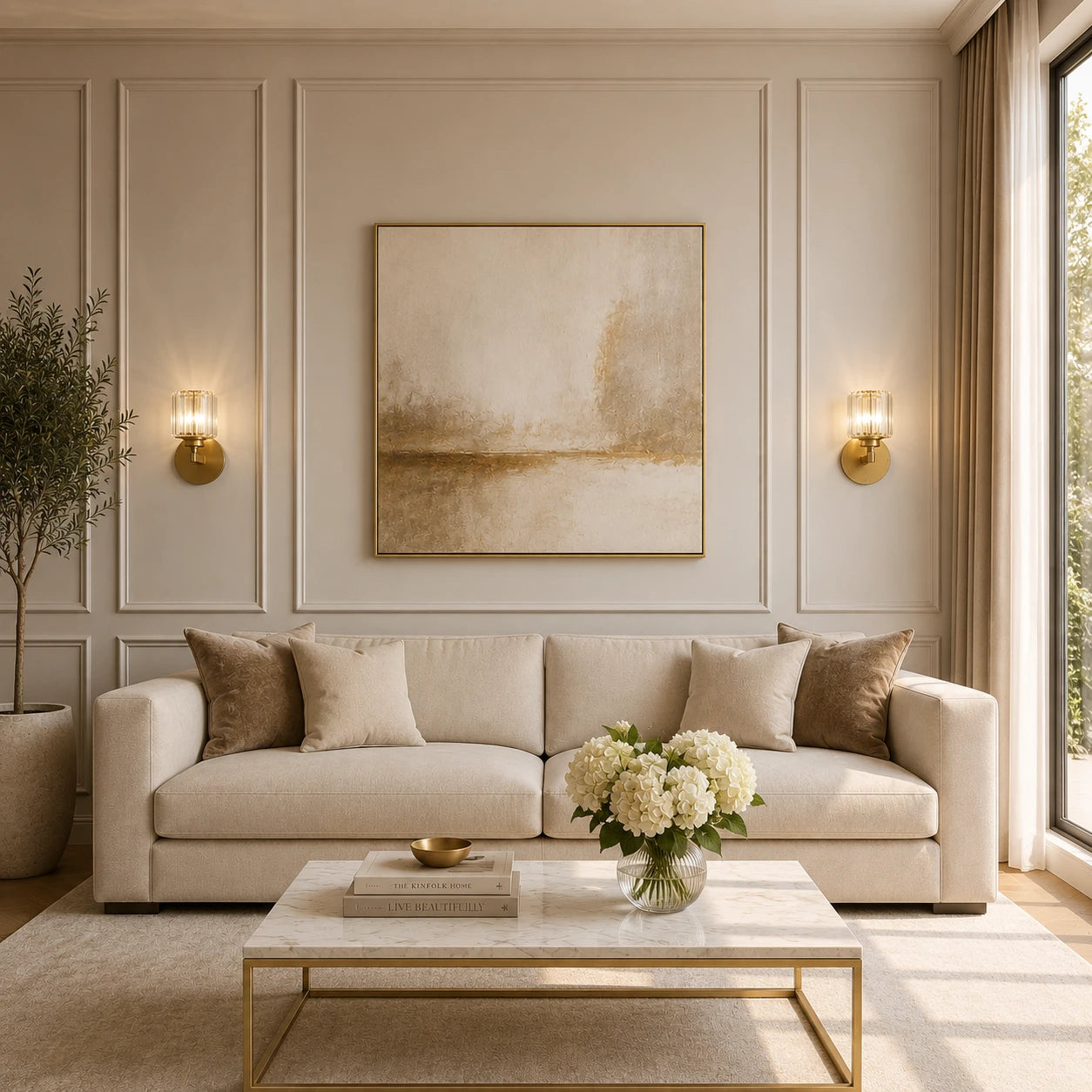 Gold crystal cylinder Art Deco wall sconces flanking artwork above sofa in elegant panelled living room with natural light