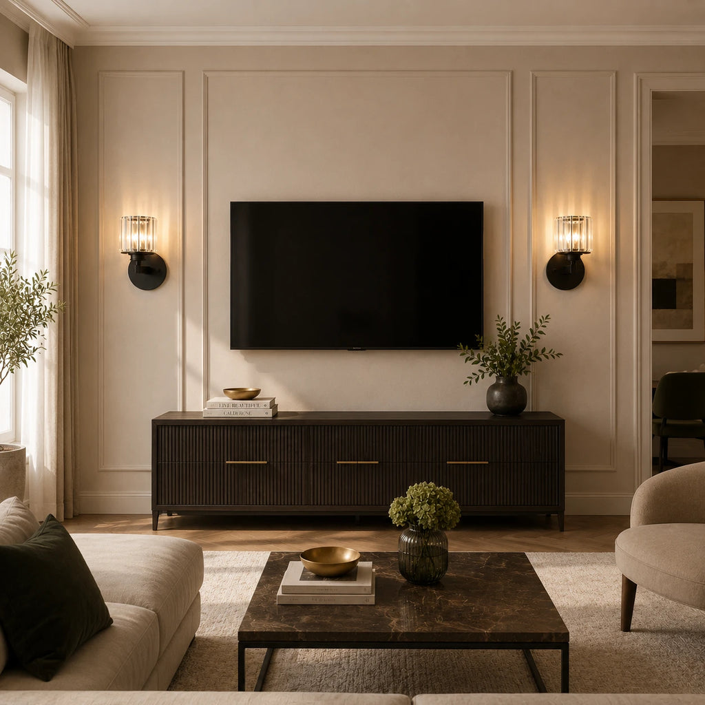 Black crystal cylinder Art Deco wall sconces flanking wall-mounted TV above sideboard in classic panelled living room
