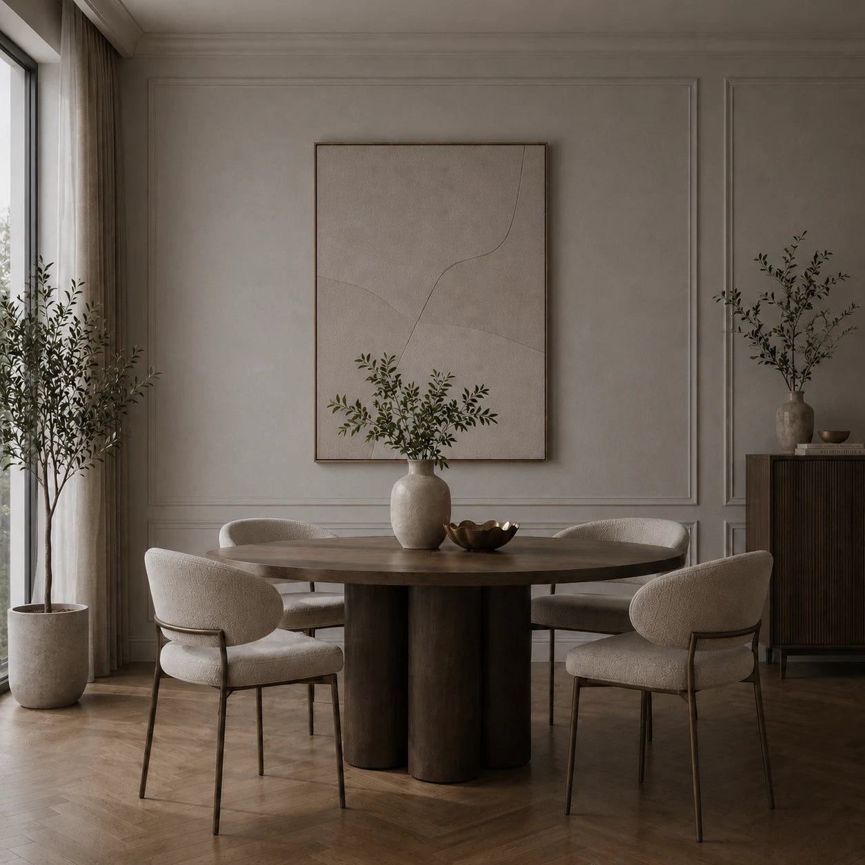 Calm dining room with dark walnut round table and boucle chairs before installing the crystal glass Art Deco wall sconce