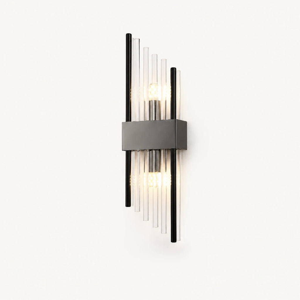 Black crystal glass Art Deco wall sconce column variant with vertical crystal rod shade and matte black hardware detail