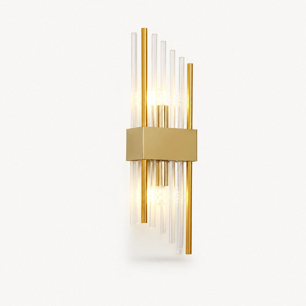 Gold crystal glass Art Deco wall sconce column variant with vertical crystal rod shade and brushed gold hardware detail