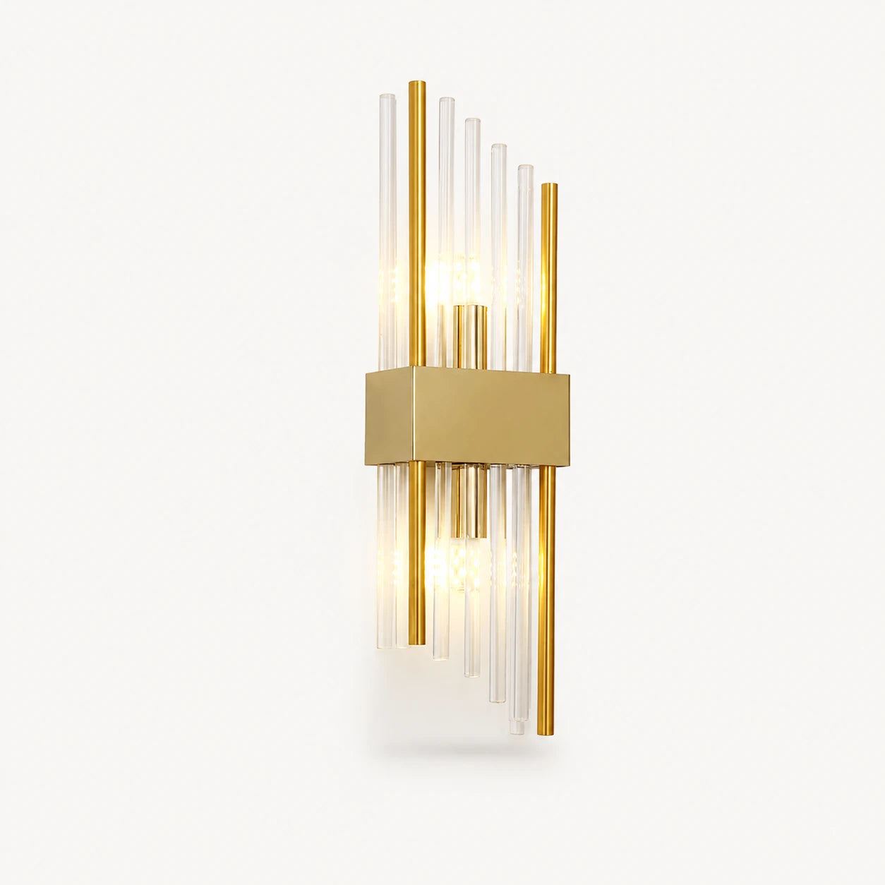 Gold crystal glass Art Deco wall sconce column variant with vertical crystal rod shade and brushed gold hardware detail