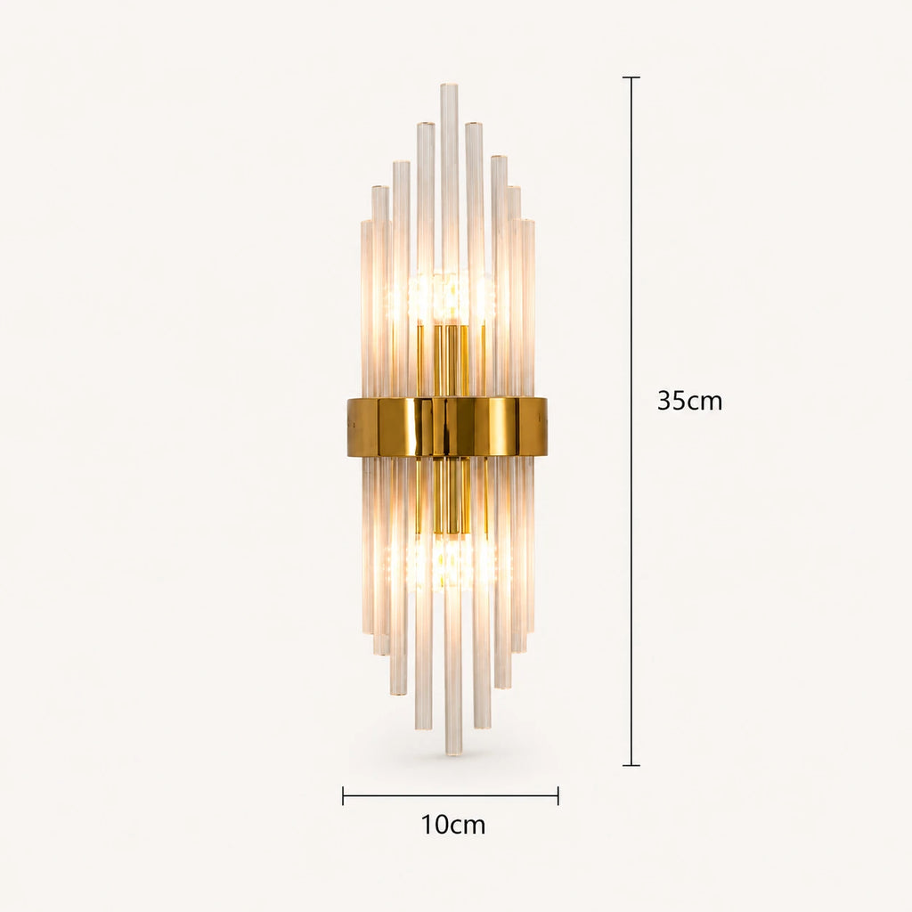Crystal glass Art Deco wall sconce full dimension diagram showing height width and depth measurements for all models