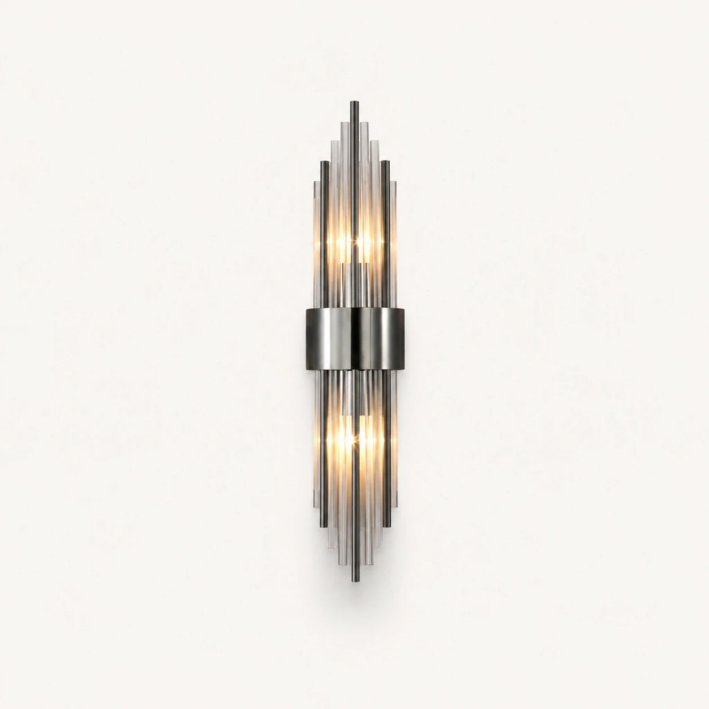 Black crystal glass Art Deco wall sconce fan variant with crystal fan-shaped shade and matte black hardware detail
