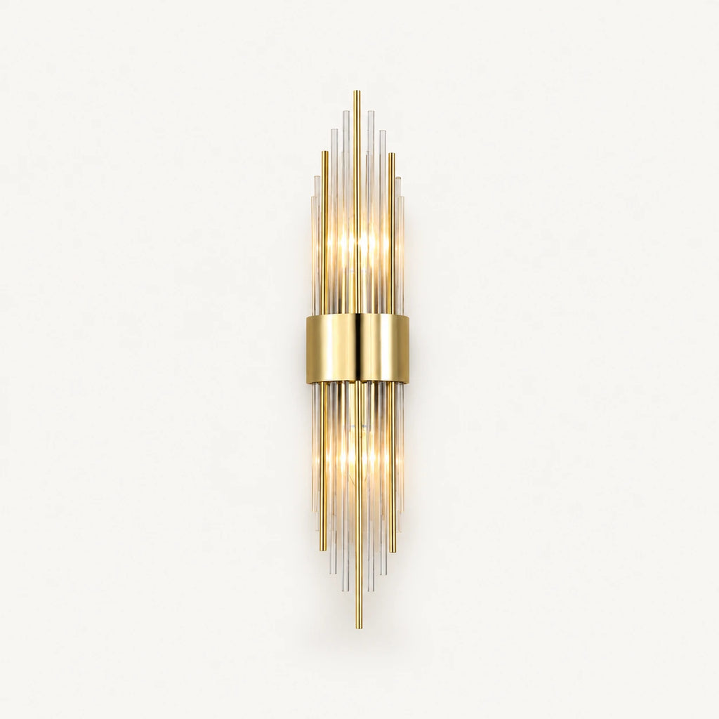 Gold crystal glass Art Deco wall sconce fan variant with crystal fan-shaped shade and brushed gold hardware detail