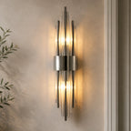 Black 1-arm crystal glass Art Deco wall sconce with crystal column shade and matte black hardware hero product shot