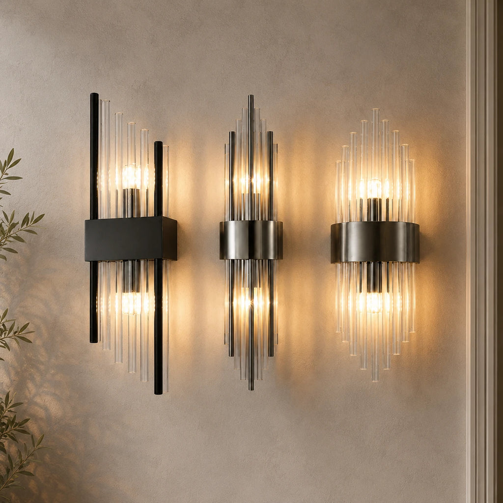Black 3-arm crystal glass Art Deco wall sconce with crystal column shades and matte black metal frame hero product shot
