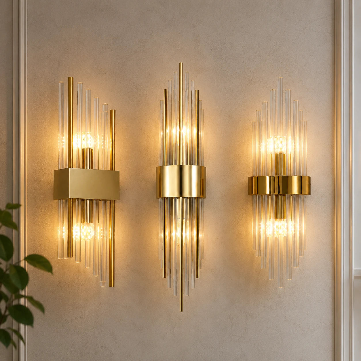 Gold 3-arm crystal glass Art Deco wall sconce with crystal column shades and brushed gold metal frame hero product shot