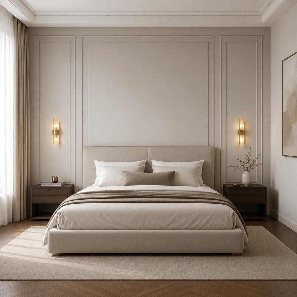 Gold column crystal glass Art Deco wall sconces flanking bed headboard as bedside reading lights in luxurious neutral bedroom