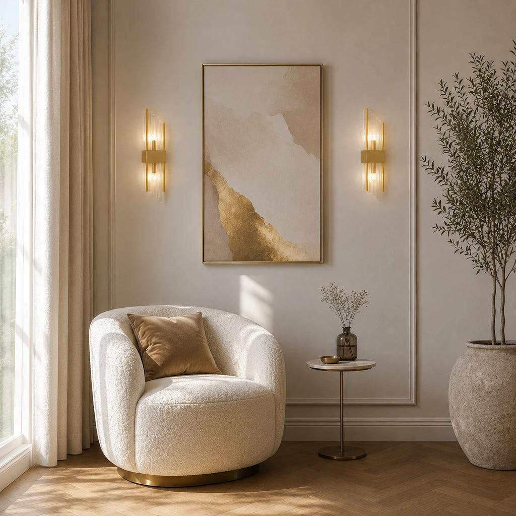 Gold column crystal glass Art Deco wall sconces flanking framed abstract artwork in elegant panelled living room with armchair