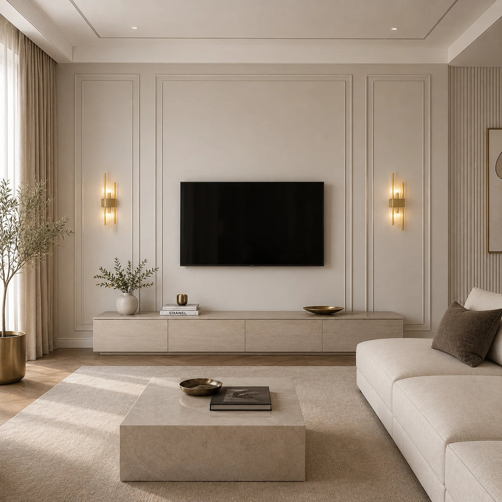 Gold column crystal glass Art Deco wall sconces flanking wall-mounted television in elegant cream panelled living room