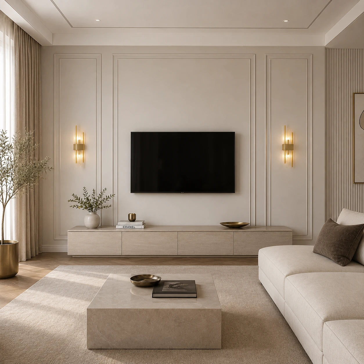Gold column crystal glass Art Deco wall sconces flanking wall-mounted television in elegant cream panelled living room