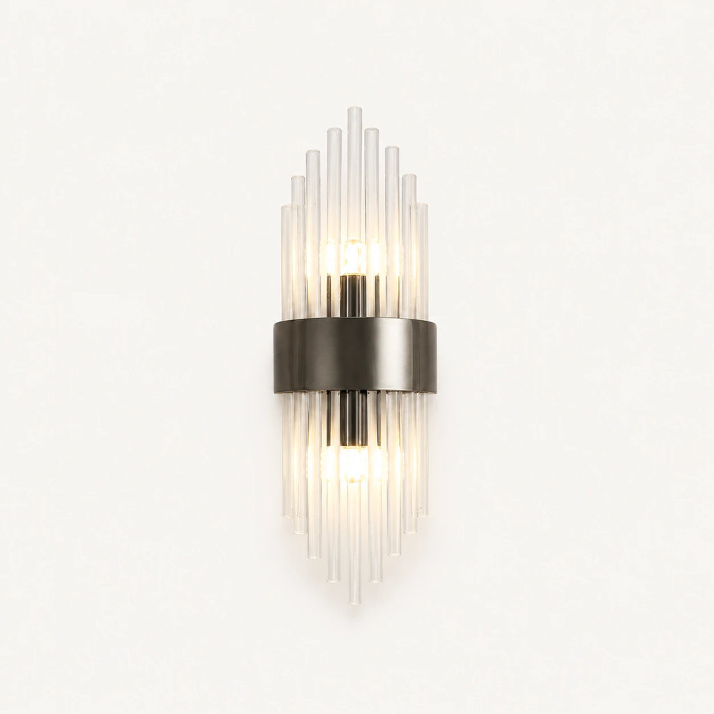 Black crystal glass Art Deco wall sconce oval variant with oval crystal shade and matte black hardware detail view