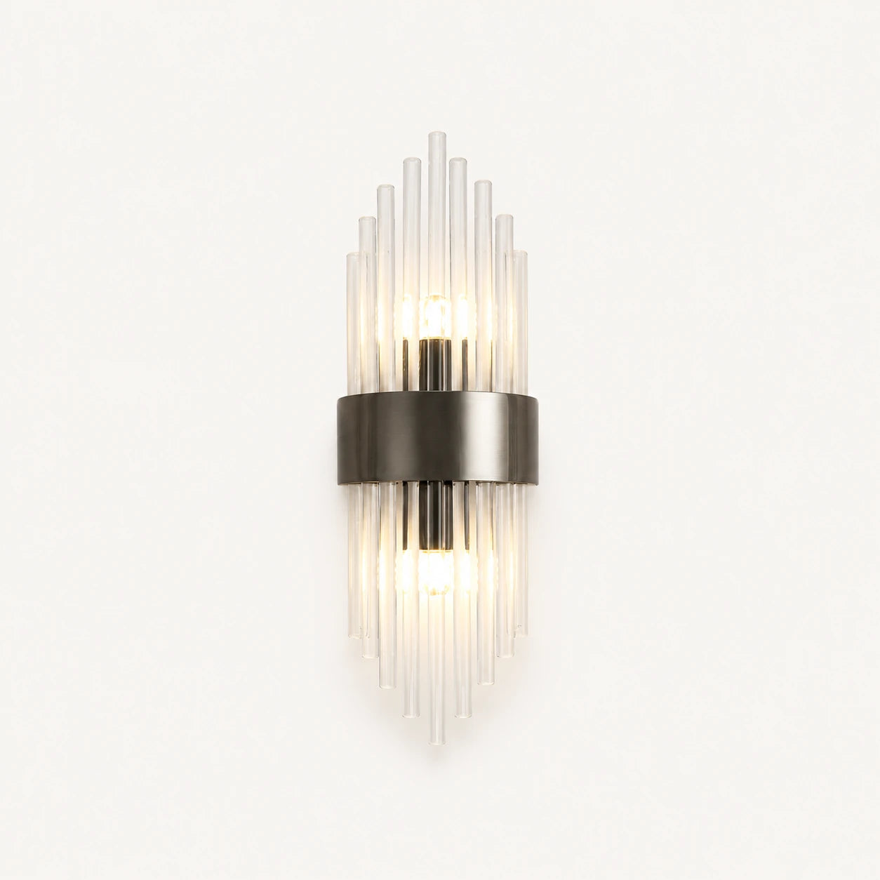 Black crystal glass Art Deco wall sconce oval variant with oval crystal shade and matte black hardware detail view