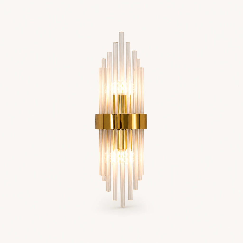 Gold crystal glass Art Deco wall sconce oval variant with oval crystal shade and brushed gold hardware detail view