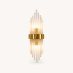 Gold crystal glass Art Deco wall sconce oval variant with oval crystal shade and brushed gold hardware detail view
