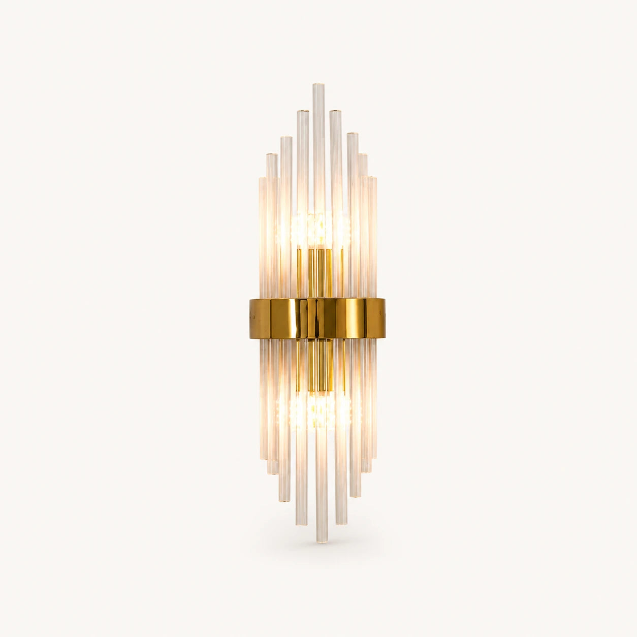 Gold crystal glass Art Deco wall sconce oval variant with oval crystal shade and brushed gold hardware detail view