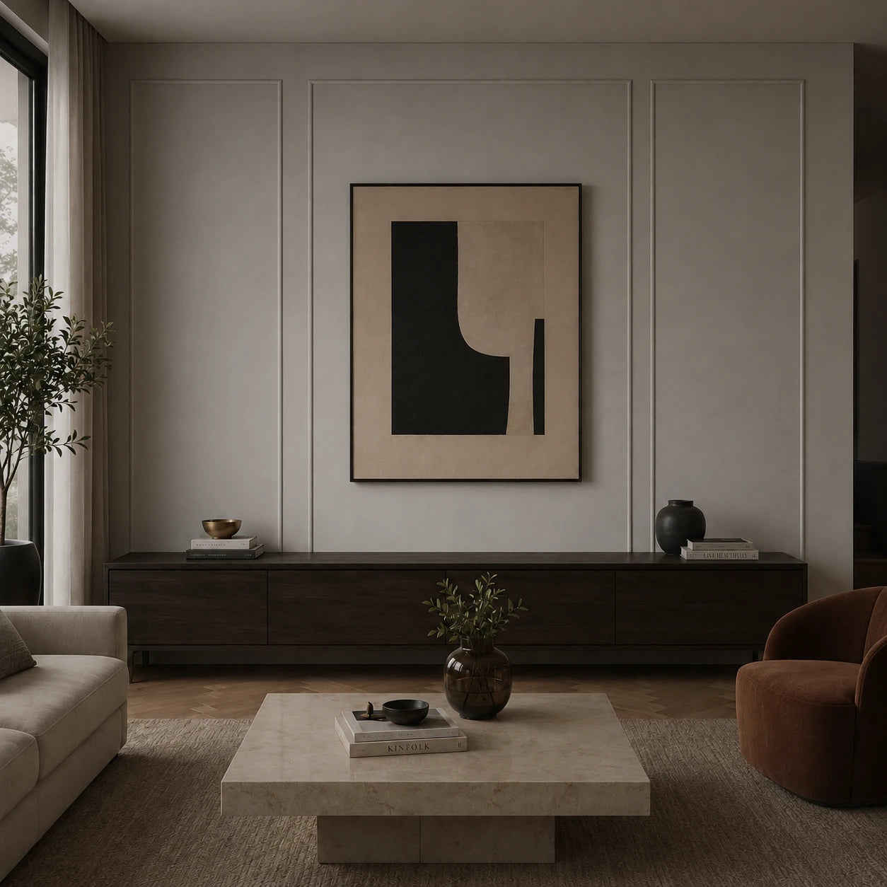 Stylish living room with terracotta armchair and travertine coffee table before installing the decorative acrylic contemporary LED wall sconce
