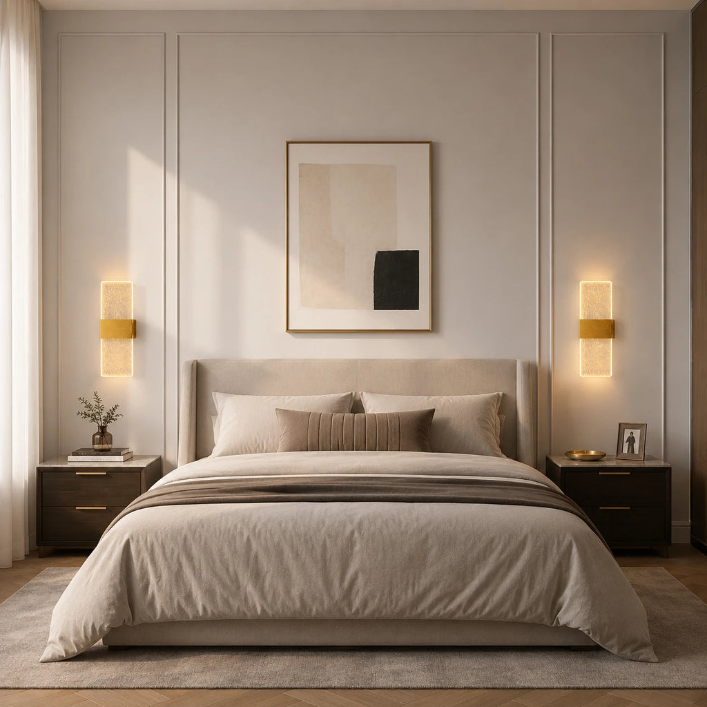 Pair of Decorative Acrylic Contemporary LED Wall Sconces in gold flanking a bed in a contemporary bedroom