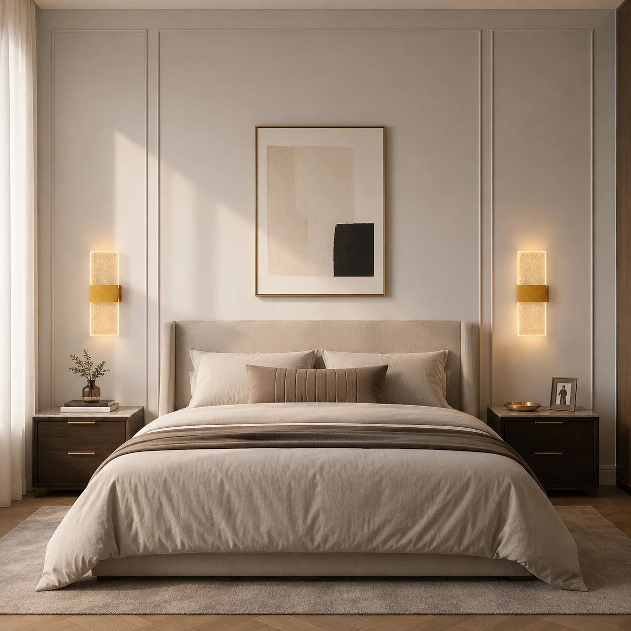 Pair of Decorative Acrylic Contemporary LED Wall Sconces in gold flanking a bed in a contemporary bedroom