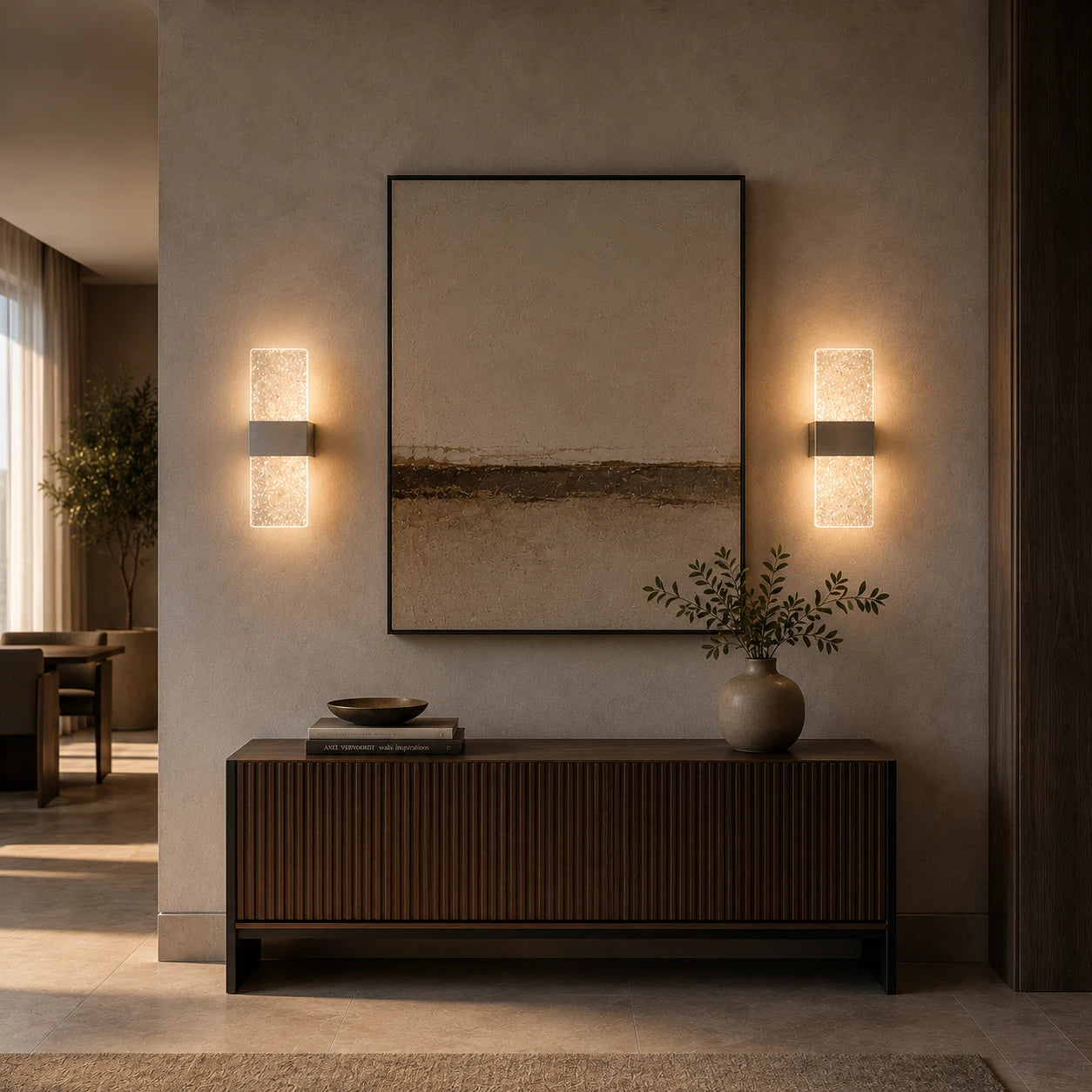 Pair of Decorative Acrylic Contemporary LED Wall Sconces in black flanking a console and artwork in a contemporary entryway