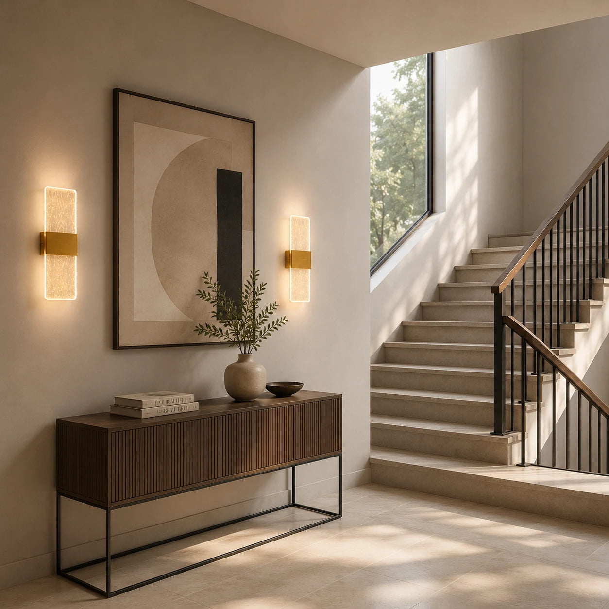 Gold decorative acrylic contemporary LED wall sconces flanking abstract art above console table in modern staircase entryway