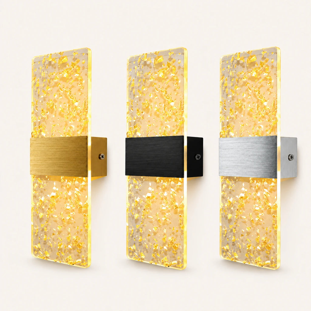 Decorative acrylic contemporary LED wall sconce in all hardware colours with gold foil patterned crystal acrylic panel