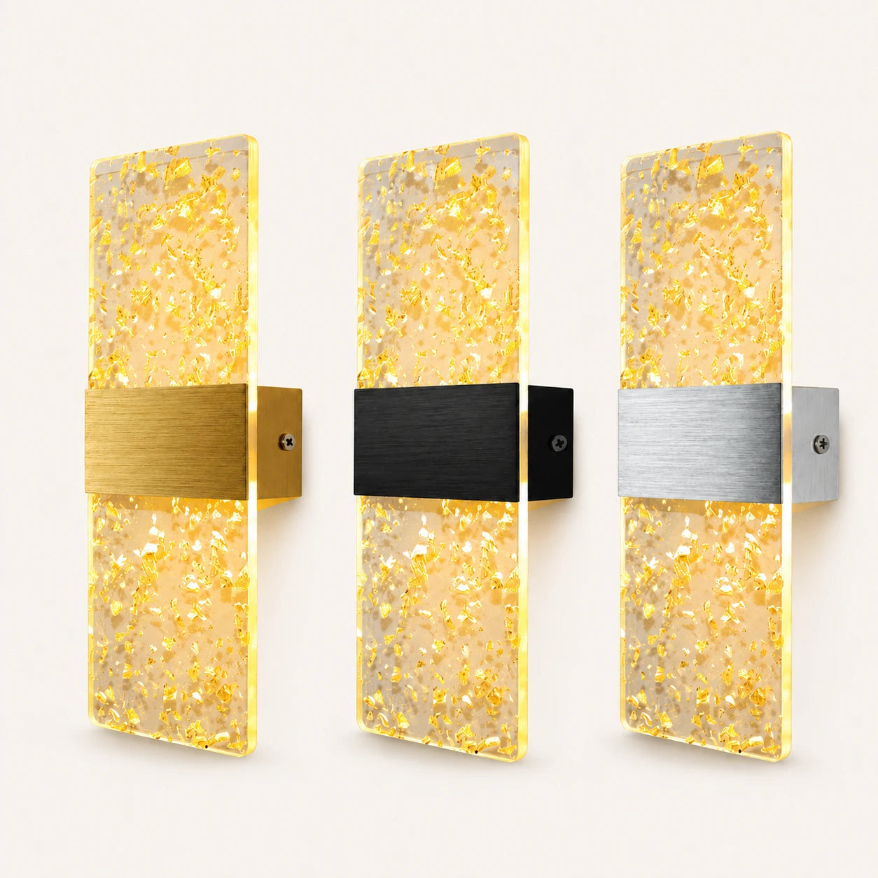 Decorative acrylic contemporary LED wall sconce in all hardware colours with gold foil patterned crystal acrylic panel