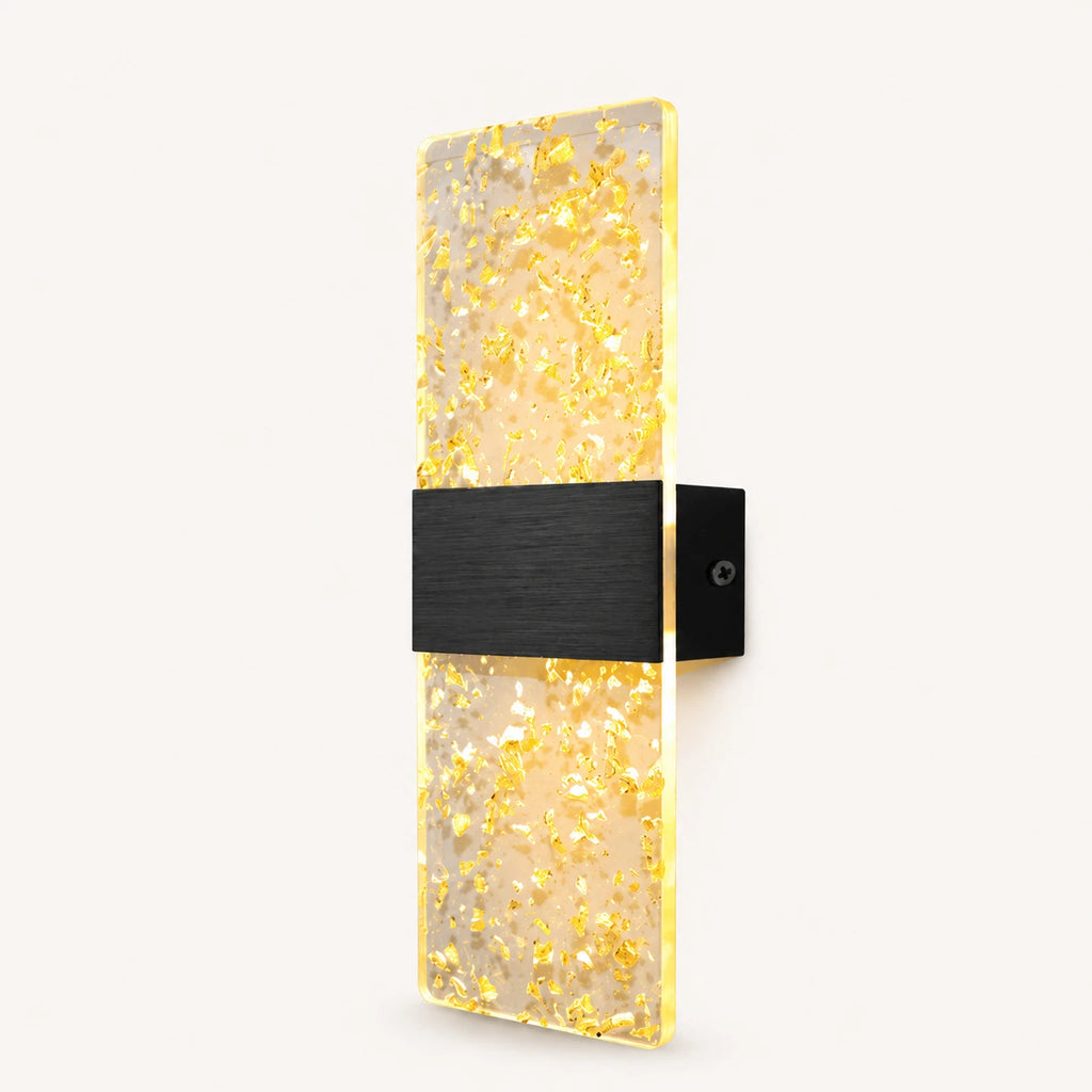 Black hardware decorative acrylic contemporary LED wall sconce with gold foil patterned crystal panel product detail view
