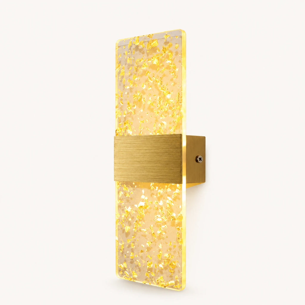 Gold hardware decorative acrylic contemporary LED wall sconce with gold foil patterned crystal acrylic panel detail view