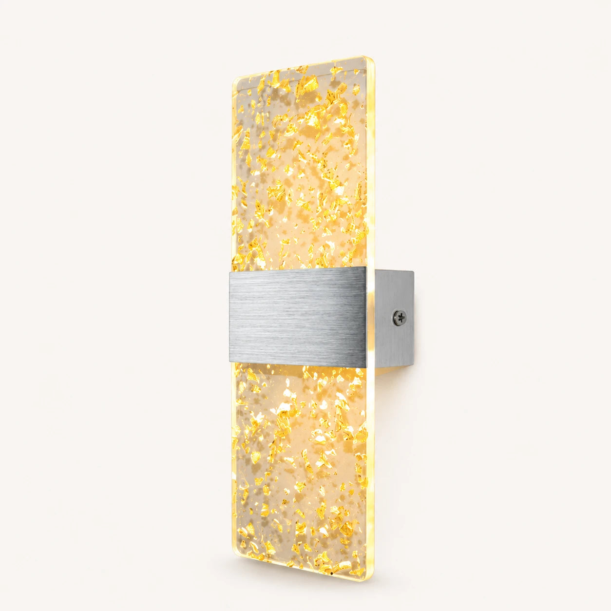 Silver hardware decorative acrylic contemporary LED wall sconce with gold foil patterned crystal panel product detail view
